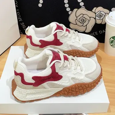 Women's White Red Thick Sole Training Shoes