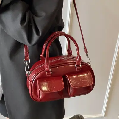 Red Retro Oil Wax Leather Shoulder Bag for Women