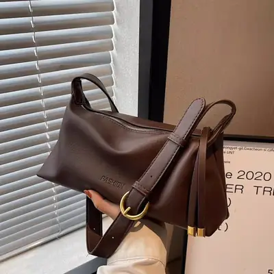 Women's Brown Leather Crossbody Bag with Gold Ring