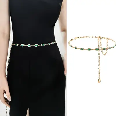 Golden Emerald Rhinestone Waist Chain with Link