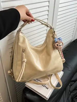 Women Large Capacity Soft Leather Shoulder Bag Tan 2025