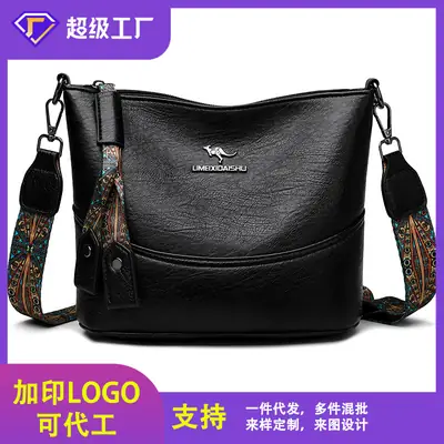 Black Leather Bucket Bag with Logo Print for Women