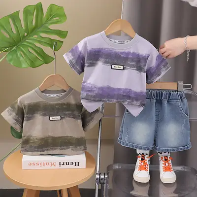 Children's Purple Striped T-Shirt Shorts Set for Boys 2025