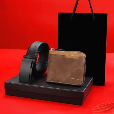 Men's Brown Leather Belt & Wallet Combo Set