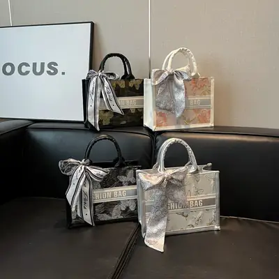 2025 Personalized Tote Bag with Silk Bow & Silver Design