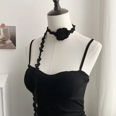 Narrow Long Crochet Rose Silk Scarf for Women