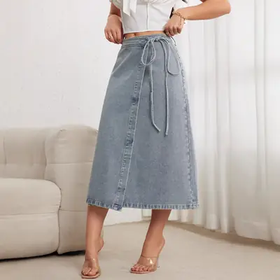 2025 Denim Midi Skirt for Women Elegant Split Wrap Loose