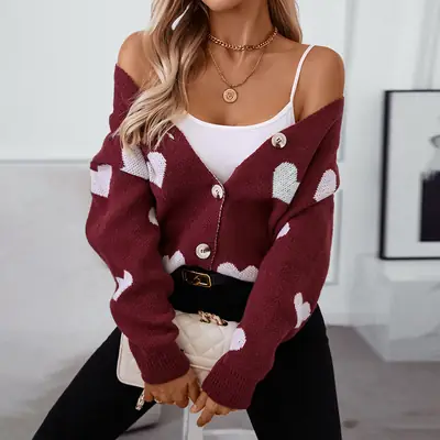 Women Heart Jacquard V-Neck Cardigan Red
