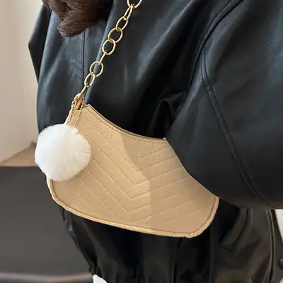 Women's Vintage Crossbody Bag with Fur Pom Pom Beige