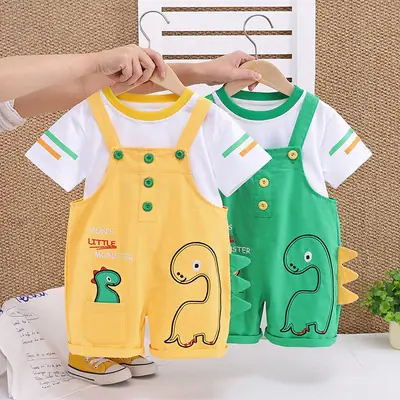 Infant Boys Cartoon Strap Shorts Yellow Summer Set