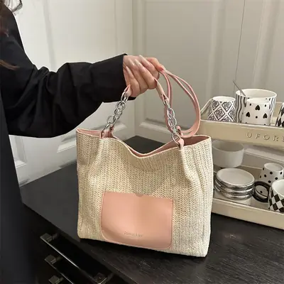 Women Woven Straw Shoulder Bag Beige Pink 2025