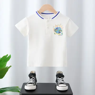 Boys Cotton Polo T-Shirt White Blue Print Medium Large