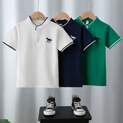 Boys Summer Polo T-Shirt White Navy Green 2025