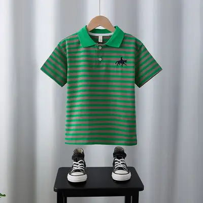 Boys Lapel Polo Shirt Suit Green Striped 2025