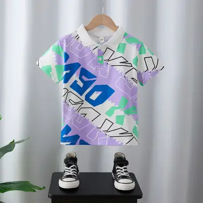 Boys 2025 Summer Polo Shirt Purple Geometric Design
