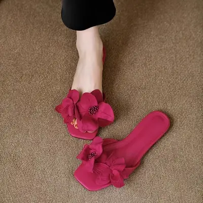 Sexy Floral Flat Slippers Women Pink 2024