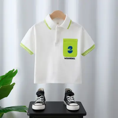 Children's White Polo Shirt with Green Trim 2025