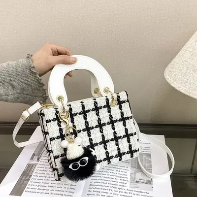 Women's Black White Checkered Daffy Shoulder Bag with Pearl Decor