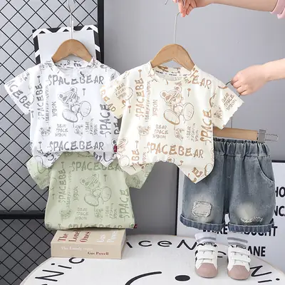 Boys Cotton Space Bear Printed T-Shirt & Denim Shorts Set