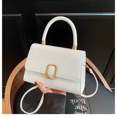 White Korean Style Crossbody Bag with Gold Clasp