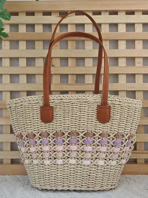 Women's Large Capacity Woven Beach Bag with Leather Handles