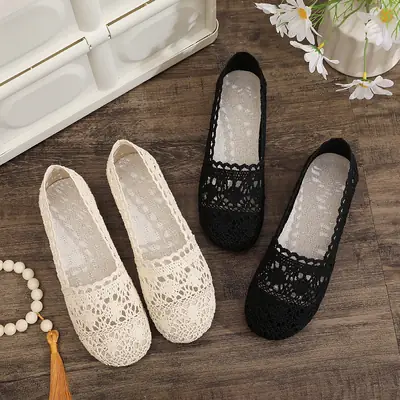 Black Lace Flat Shoes for Women Non-Slip Comfortable