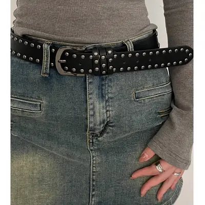 2024 New Leather Belt Women's Jeans All-match Women's Trousers Fashion Distinctive Rivet Belt High-end Black
