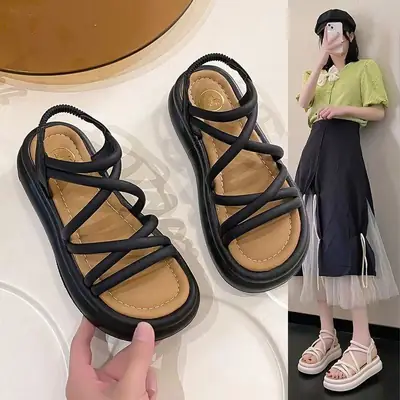 Women's Black Cross Strap Platform Sandals Summer