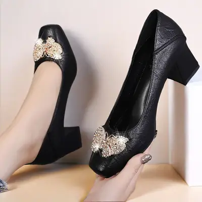 Women's Light Pink Square Toe Heeled Shoes with Crystal Flower Decor