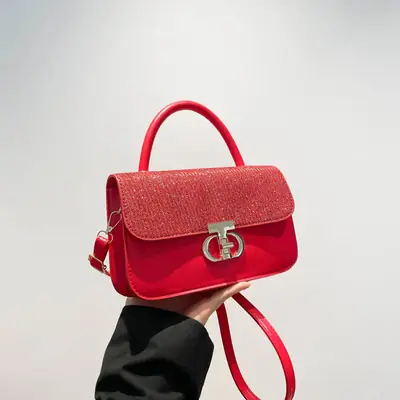 Red PU Textured Shoulder Bag for Women 2025