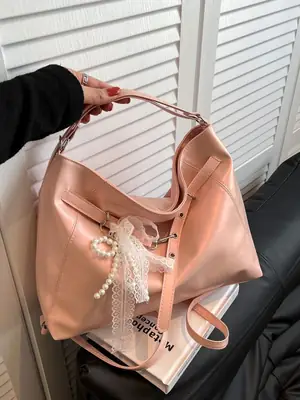 Pink Leather Shoulder Tote Bag with Pearl Lace