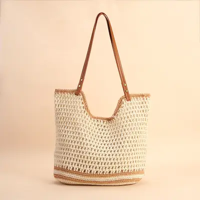 Women Handmade Woven Tote Bag Large Capacity Beige