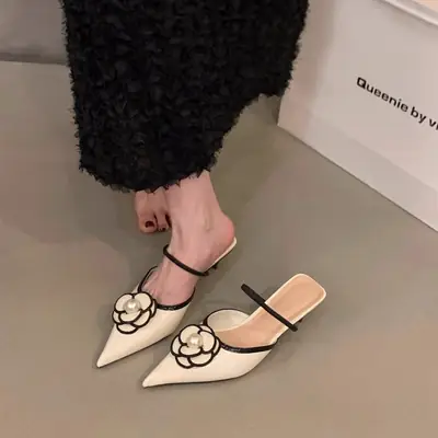 Women's Black Floral Half Toe Heels French Small