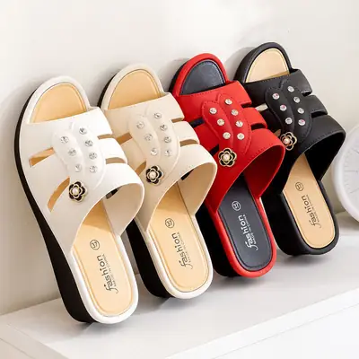 Women's Black Wedge Heel Slippers with Rhinestone Decor