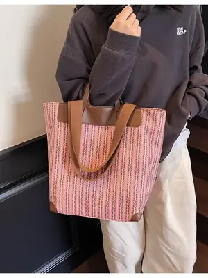 Women's Striped Woven Handbag with Brown Handles