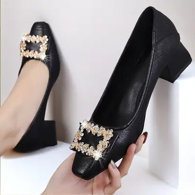 Women Rhinestone Chunky Heel Shoes Black Square Toe