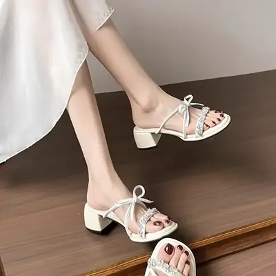 French Bow Sandals Chunky Heel Summer High Heels