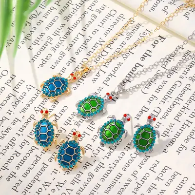 Turtle Earrings Set Green Blue Enamel Necklace Earrings
