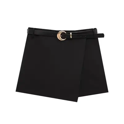 Women's Black Belted Casual Shorts Double Breasted