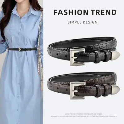 Black Croc Leather Belt for Women Small