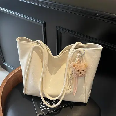 Women's Large Capacity Beige Shoulder Bag with Bear Earrings