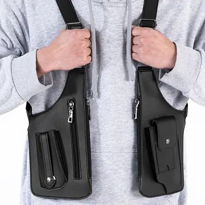 Men's Black Multifunctional Shoulder Bag with Zip Pockets