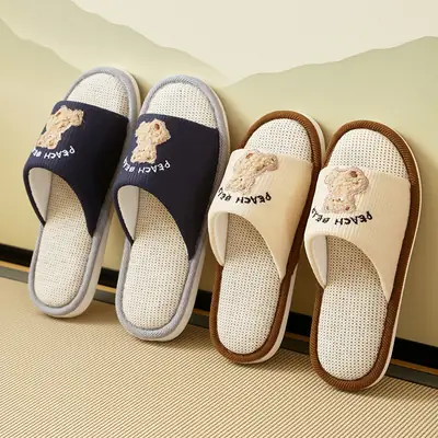 Cartoon Linen Slippers Men's Spring and Autumn Mute Indoor Breathable Home Cute Opening Cotton Linen Slippers Women's Winter and Summer