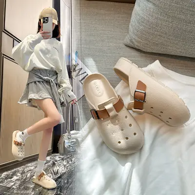 Women's Beige Hole Shoes with Buckle Strap