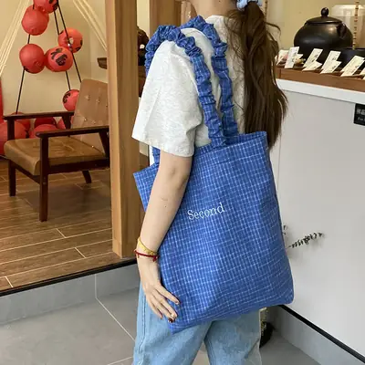 Blue Plaid Canvas Shoulder Bag for Women