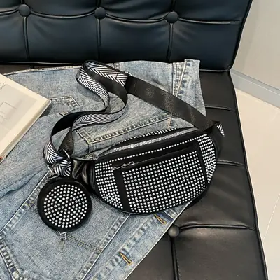 Women's Black Diamond Crossbody Bag with Wide Strap