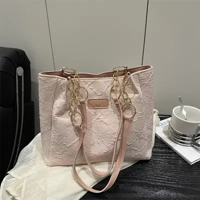 Pink Quilted Shoulder Tote Bag for Women