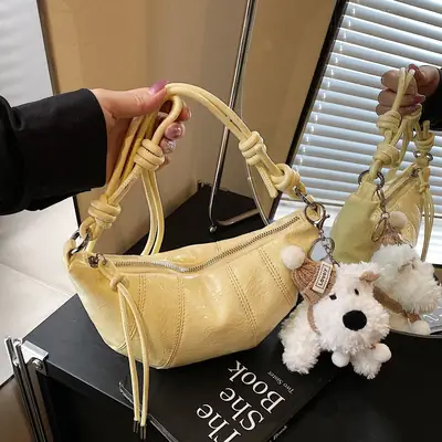 Women's Yellow Embossed Leather Shoulder Bag with Detachable Handle