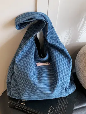 Blue Striped Denim Tote Bag Women Summer 2025