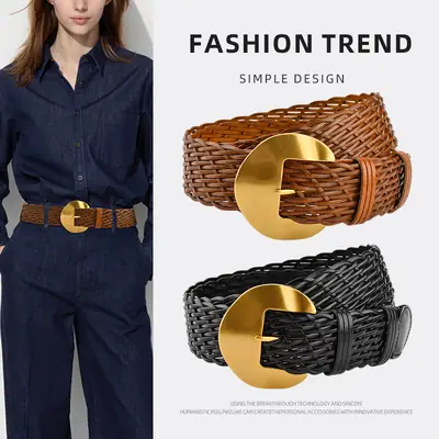 Women's Red Woven Belt with Gold Moon Buckle